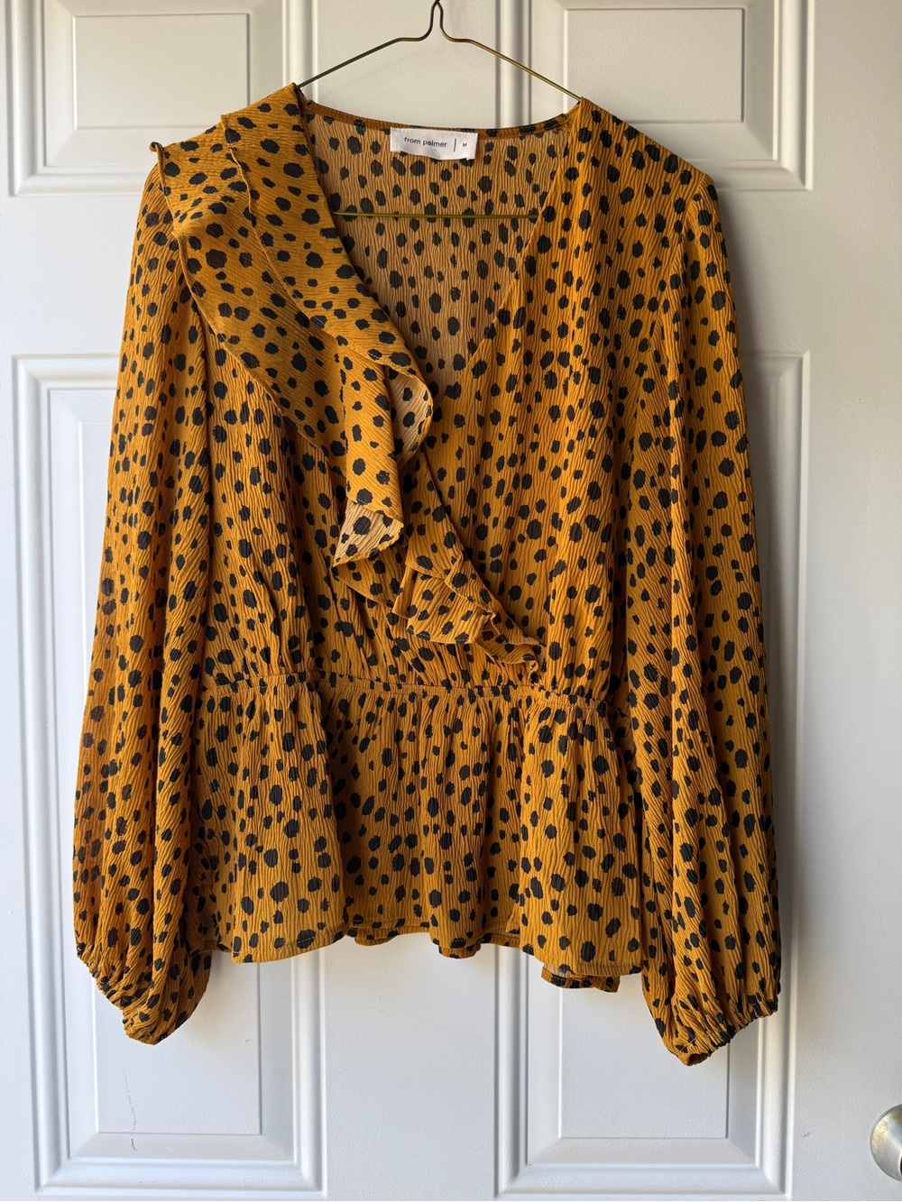 Ruffle V-Neck Peplum Blouse - Mustard with Black Dot Print